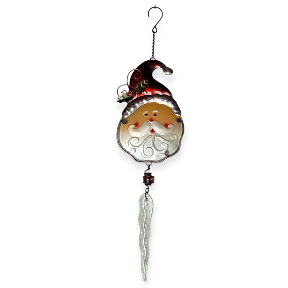 Iridescent Metal & Glass Hanging Santa Decoration 20" Long Christmas Red & White - Picture 1 of 8